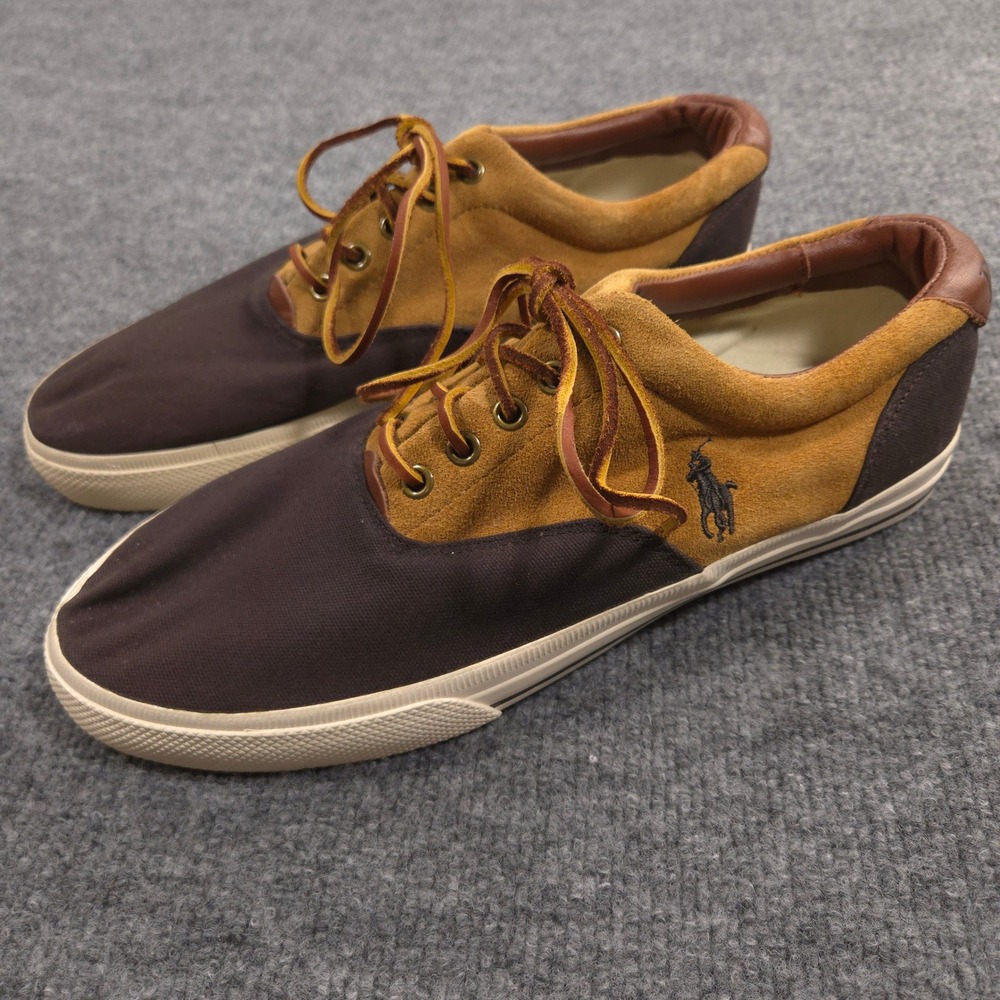 Polo Ralph Lauren Vaughn Saddle Sneakers‎ Mens 10.5D Brown Canvas Suede Shoes